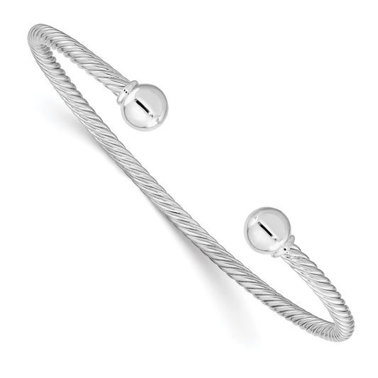 Sterling Silver Rhodium-plated Polished Twisted with One Threaded Ball Cuff Bangle
