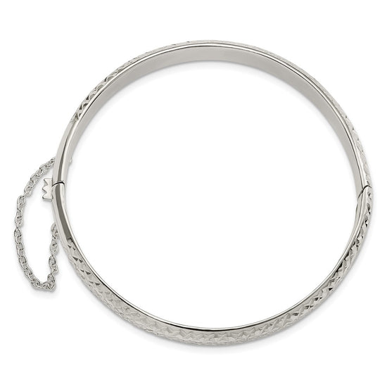 Sterling Silver Rhodium-plated Polished and D/C 7.00mm Hinged Bangle