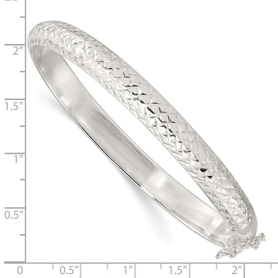 Sterling Silver Rhodium-plated Polished and D/C 7.00mm Hinged Bangle