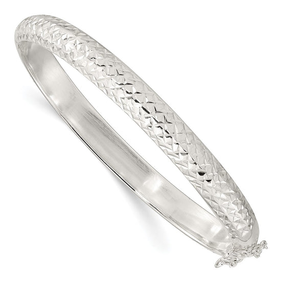 Sterling Silver Rhodium-plated Polished and D/C 7.00mm Hinged Bangle