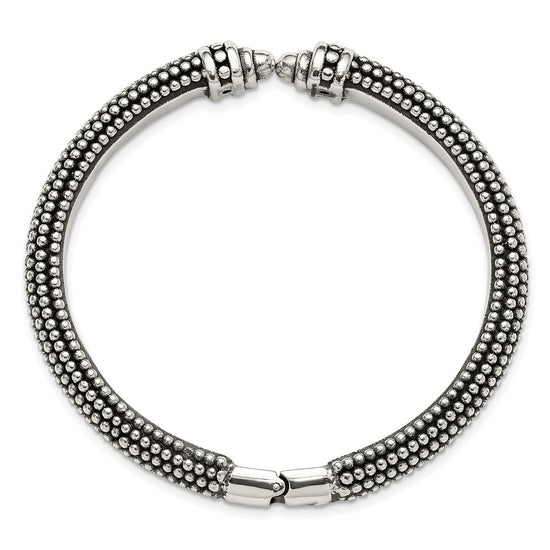 Sterling Silver Polished and Antiqued Beaded Hinged Bangle Bracelet