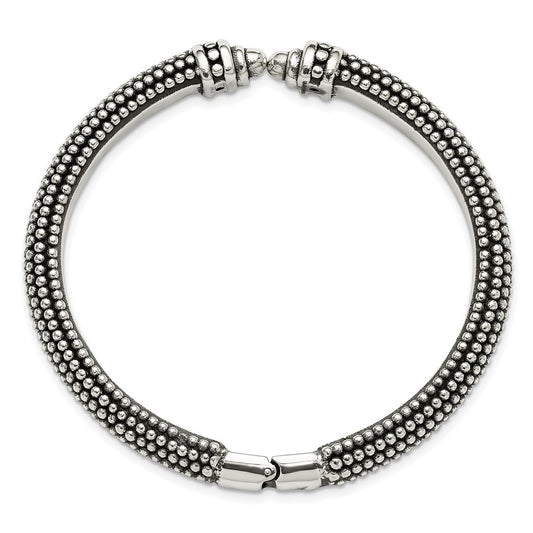 Sterling Silver Polished and Antiqued Beaded Hinged Bangle Bracelet