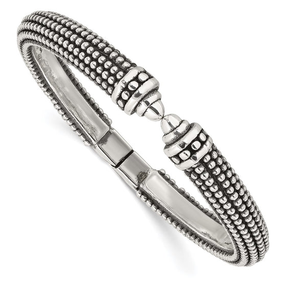 Sterling Silver Polished and Antiqued Beaded Hinged Bangle Bracelet