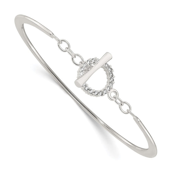 Sterling Silver Polished CZ Toggle Clasp Bangle Bracelet