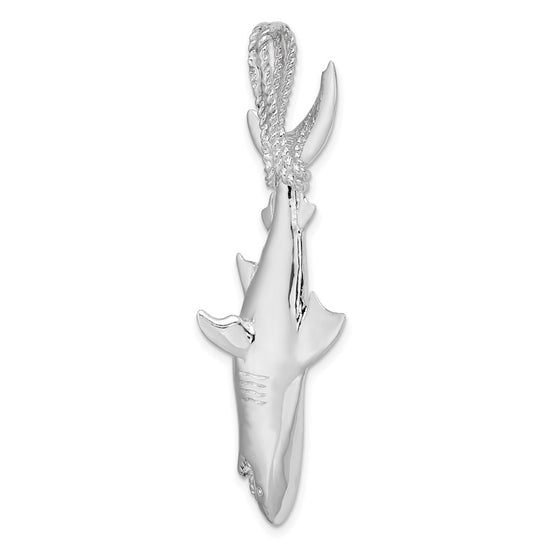 De-Ani Sterling Silver Rhodium-plated Polished 3D Shark Hanging from Rope Pendant