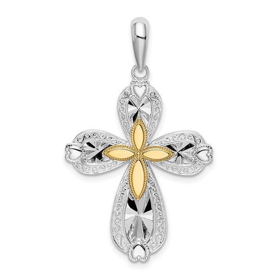 De-Ani Sterling Silver Rhodium-Plated Diamond-Cut Heart Cross with 14k Accent Pendant