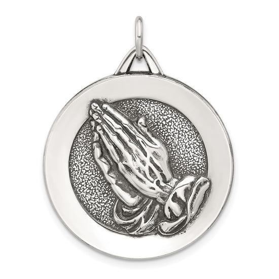 Sterling Silver Antiqued Solid Praying Hands Serenity Prayer Pendant