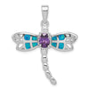 Sterling Silver Rhodium-plated Created Opal Dragonfly Amethyst Pendant