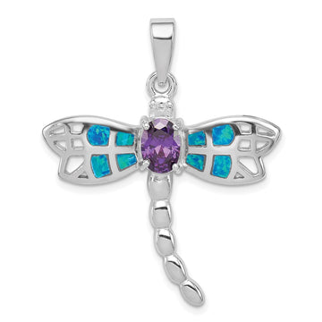Sterling Silver Rhodium-plated Created Opal Dragonfly Amethyst Pendant