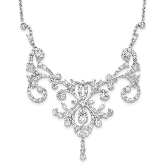 Cheryl M Sterling Silver Rhodium-plated Brilliant-cut CZ Bezel Fancy Scroll 17 Inch Necklace with 2 Inch Extender