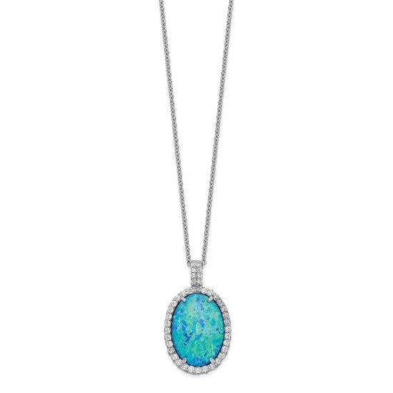 Cheryl M Sterling Silver Rhodium-plated Cabochon Lab Created Blue Opal and Brilliant-cut CZ Oval 18.5 Inch Necklace