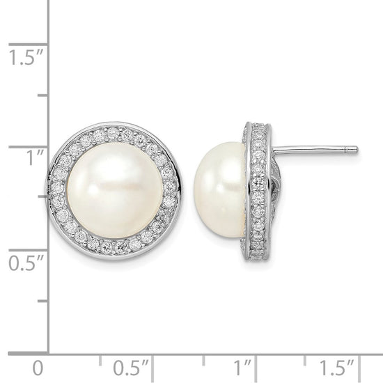 Cheryl M Sterling Silver Rhodium-plated 12mm Button Freshwater Cultured Pearl and Brilliant-cut CZ Halo Post Earrings