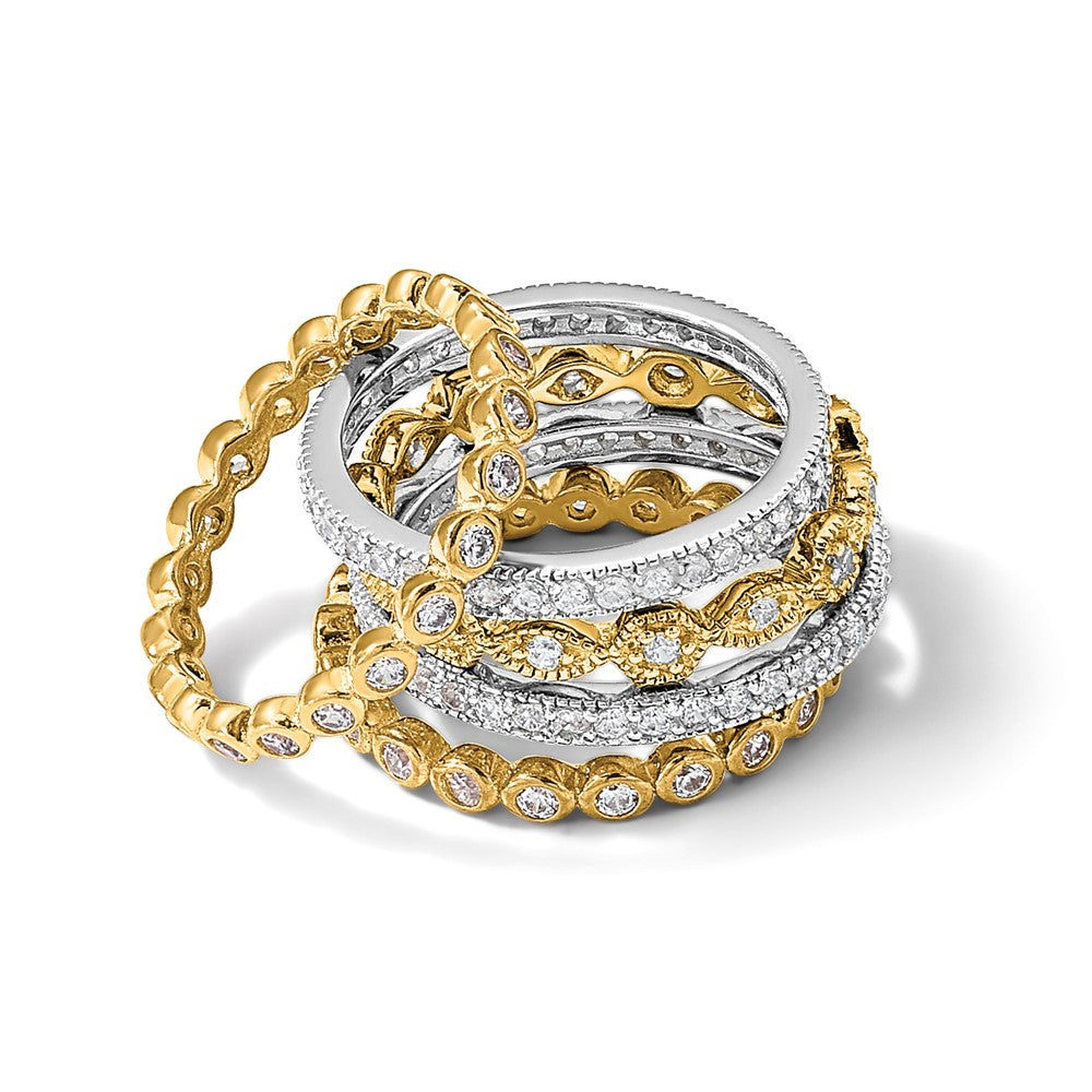 Cheryl M Sterling Silver Rhodium-plated and Gold-plated Brilliant-cut CZ 5 Piece Eternity Band Ring Set