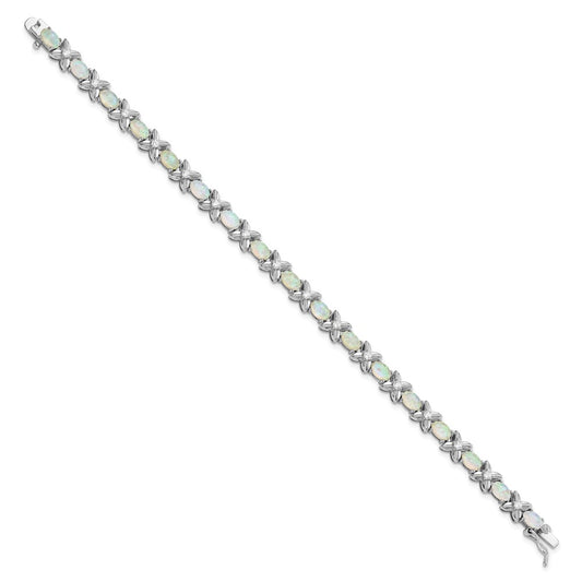 Cheryl M Sterling Silver Rhodium-plated Fancy X and O Cabochon Lab Created Opal and Brilliant-cut CZ 7.25 Inch Bracelet