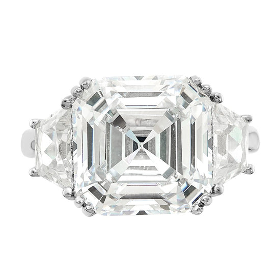 Cheryl M Sterling Silver Rhodium-plated Asscher-cut and Brilliant-cut CZ 3 Stone Ring