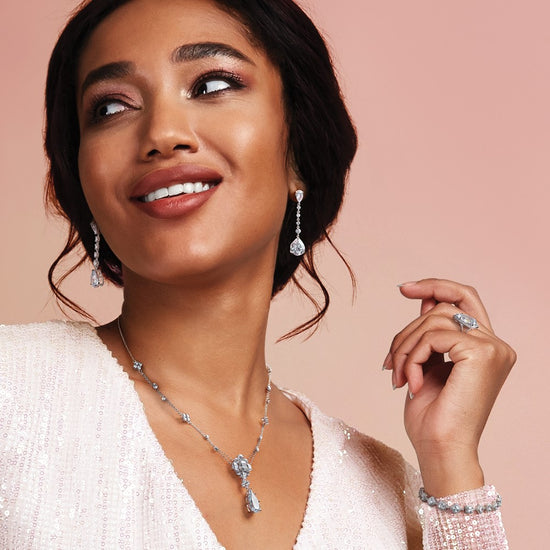 Cheryl M Sterling Silver Rhodium-plated Fancy Cushion-cut and Brilliant-cut CZ Teardrop Dangle 18 Inch Necklace