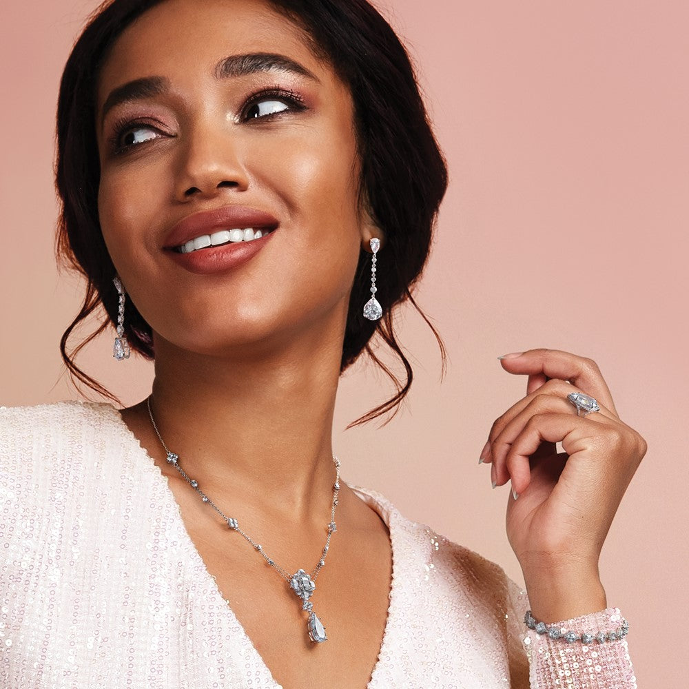 Cheryl M Sterling Silver Rhodium-plated Fancy Cushion-cut and Brilliant-cut CZ Teardrop Dangle 18 Inch Necklace