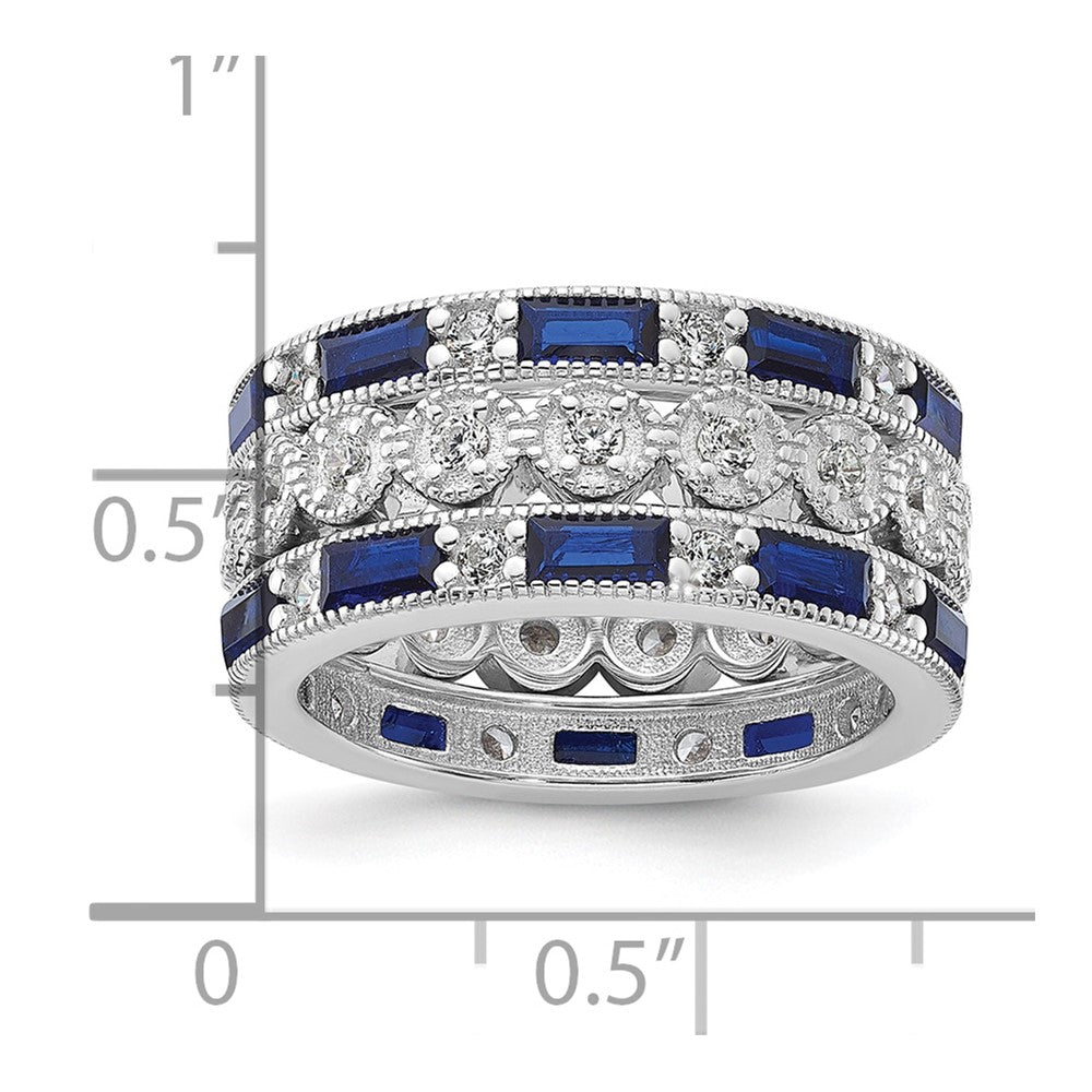 Cheryl M Sterling Silver Rhodium-plated Emerald-cut & Brilliant-cut Blue and White CZ Three Piece Eternity Ring Set