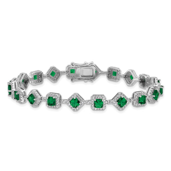 Cheryl M Sterling Silver Rhodium-plated Fancy Cushion-cut Green Glass and Brilliant-cut White CZ 7.5 Inch Bracelet