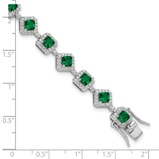 Cheryl M Sterling Silver Rhodium-plated Fancy Cushion-cut Green Glass and Brilliant-cut White CZ 7.5 Inch Bracelet