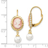 Cheryl M Sterling Silver Gold-plated Glass Pearl Brilliant-cut CZ & Resin Cameo Leverback Dangle Earrings