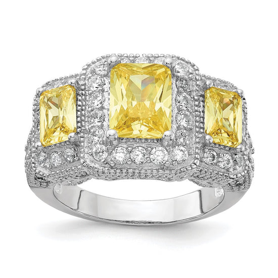 Cheryl M Sterling Silver Rhodium-plated Yellow Radiant-cut and White Brilliant-cut CZ 3 Stone Ring