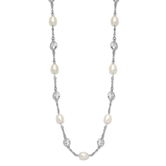 Cheryl M Sterling Silver Rhodium-plated Freshwater Cultured Pearl and Brilliant-cut CZ Bezel Station 36 Inch Necklace