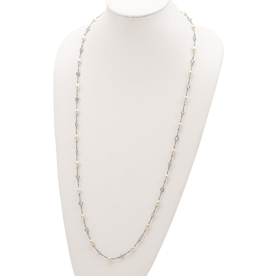 Cheryl M Sterling Silver Rhodium-plated Freshwater Cultured Pearl and Brilliant-cut CZ Bezel Station 36 Inch Necklace