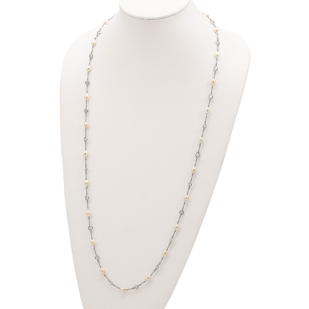 Cheryl M Sterling Silver Rhodium-plated Freshwater Cultured Pearl and Brilliant-cut CZ Bezel Station 36 Inch Necklace