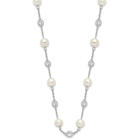Cheryl M Sterling Silver Rhodium-plated Glass Pearl and Brilliant-cut CZ Bezel Station 36 Inch Necklace