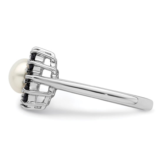 Sterling Silver Rhodium 6mm FW Cultured Button Pearl & Sapphire Ring