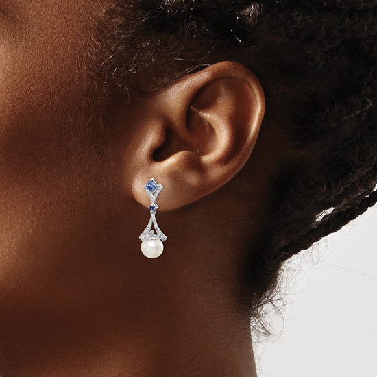 FWC Pearl Created Sapphire Diamond Dangle Post Earrings