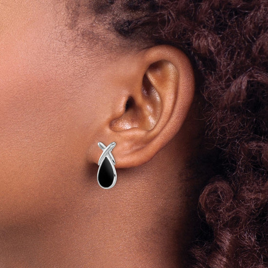 Sterling Silver Rhod-plated Polished Onyx Teardrop X Post Drop Earrings