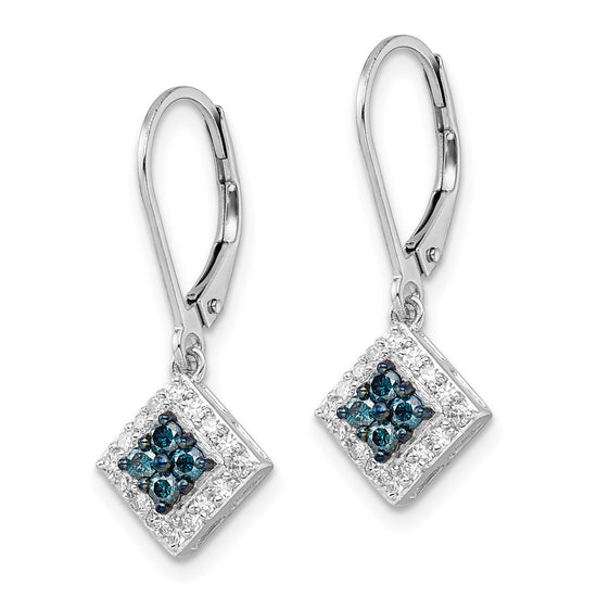 White Night Sterling Silver Rhodium-plated White and Blue Diamond Dangle Leverback Earrings
