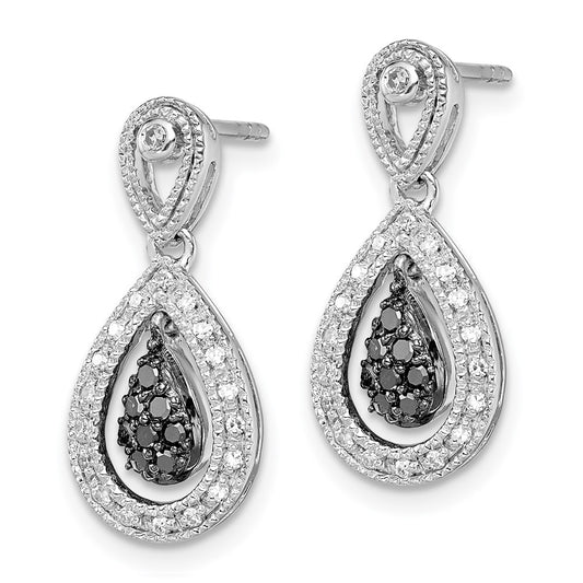White Night Sterling Silver Rhodium-plated Black and White Diamond Double Teardrop Dangle Post Earrings