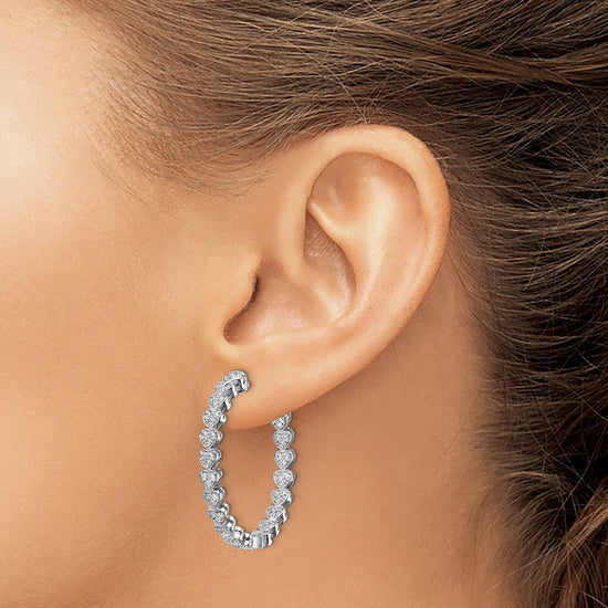 Sterling Shimmer Sterling Silver Rhodium-plated 120 Stone Heart Shaped 1.2mm CZ In and Out Round Hinged Hoop Earrings