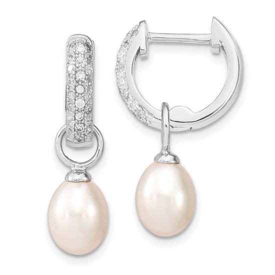 Sterling Silver Rhodium-plated 7-8mm Black and White Rice Freshwater Cultured Pearl and CZ Interchangeable Post Earrings Set
