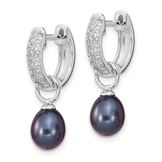 Sterling Silver Rhodium-plated 7-8mm Black and White Rice Freshwater Cultured Pearl and CZ Interchangeable Post Earrings Set