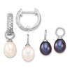 Sterling Silver Rhodium-plated 7-8mm Black and White Rice Freshwater Cultured Pearl and CZ Interchangeable Post Earrings Set