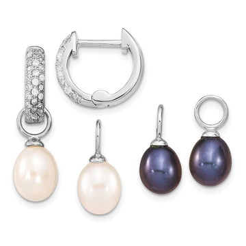Sterling Silver Rhodium-plated 7-8mm Black and White Rice Freshwater Cultured Pearl and CZ Interchangeable Post Earrings Set