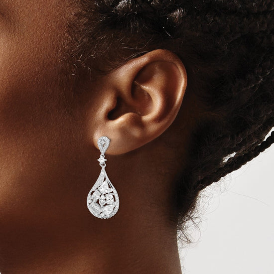Sterling Silver RH-plated Polished Fancy CZ Teardrop Post Dangle Earrings