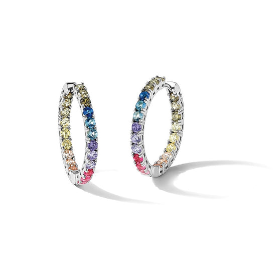 Prizma Sterling Silver Rhodium-plated In and Out Colorful CZ Hinged Hoop Earrings