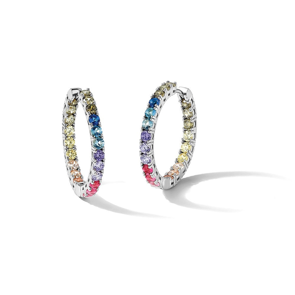 Prizma Sterling Silver Rhodium-plated In and Out Colorful CZ Hinged Hoop Earrings