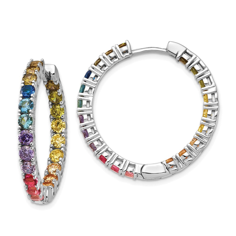 Prizma Sterling Silver Rhodium-plated In and Out Colorful CZ Hinged Hoop Earrings