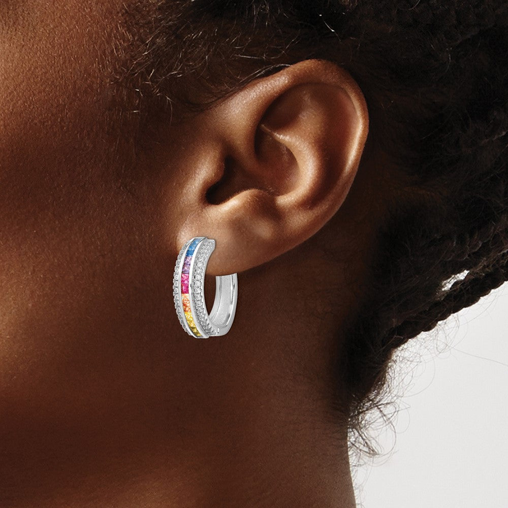 Prizma Sterling Silver Rhodium-plated Channel Set Colorful and White CZ Hinged Hoop Earrings
