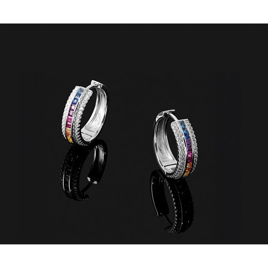 Prizma Sterling Silver Rhodium-plated Channel Set Colorful and White CZ Hinged Hoop Earrings