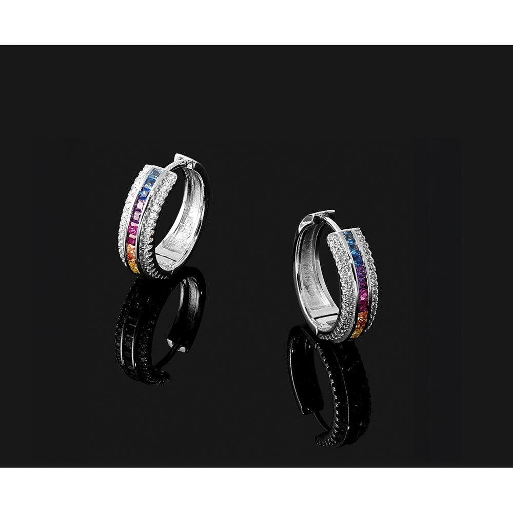 Prizma Sterling Silver Rhodium-plated Channel Set Colorful and White CZ Hinged Hoop Earrings