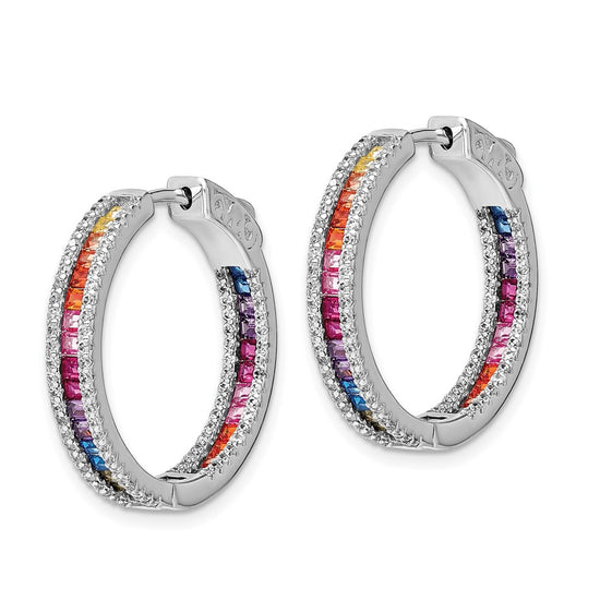 Prizma Sterling Silver Rhodium-plated White and Colorful CZ In and Out Hinged Hoop Earrings
