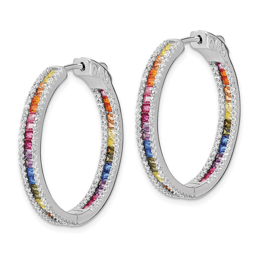 Prizma Sterling Silver Rhodium-plated White and Colorful CZ In and Out Hinged Hoop Earrings