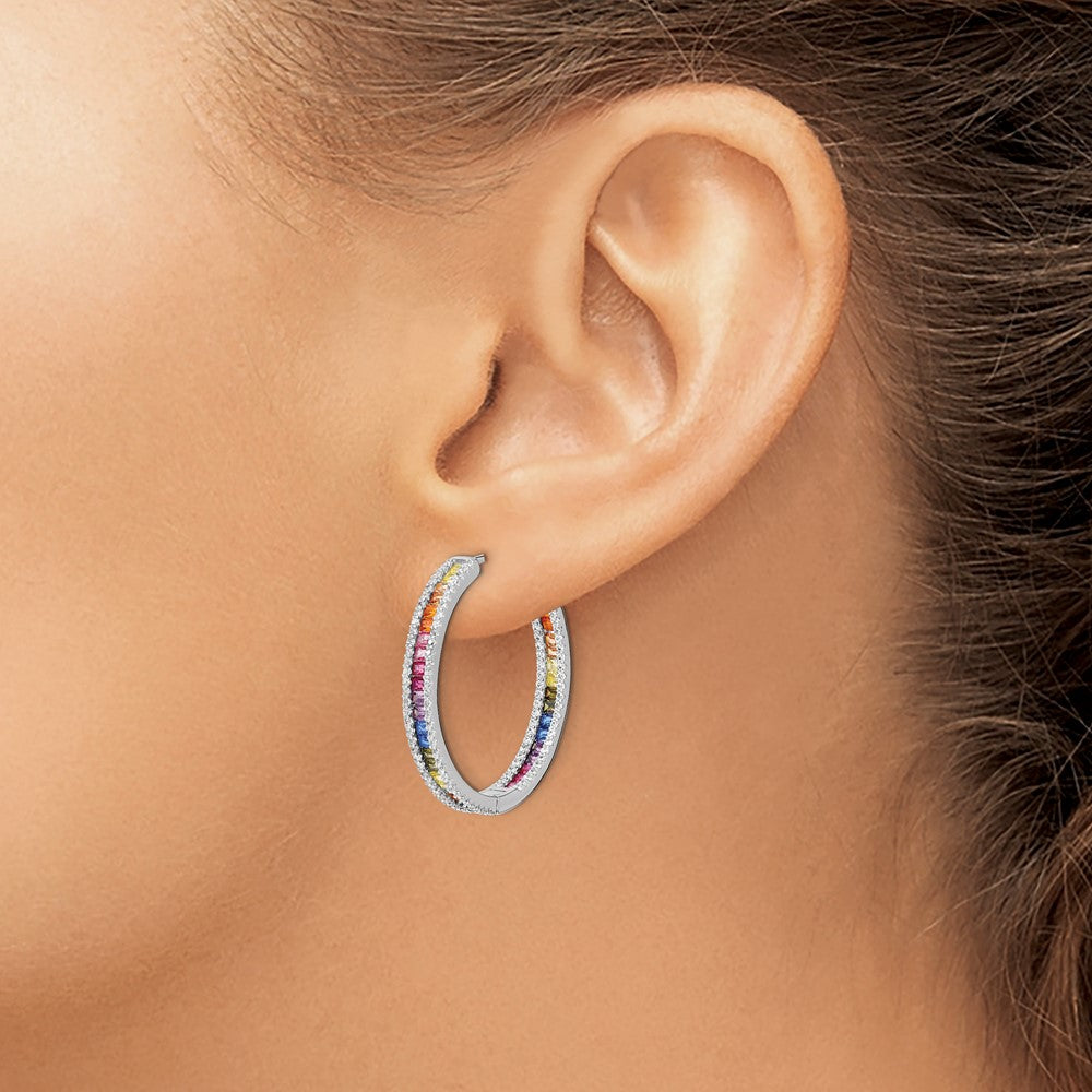 Prizma Sterling Silver Rhodium-plated White and Colorful CZ In and Out Hinged Hoop Earrings